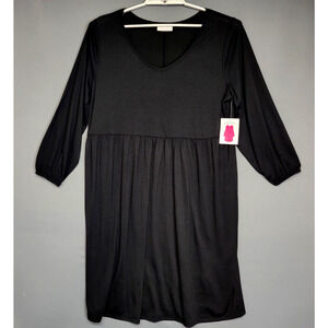 Bobbie Brooks Pleated Shift Dress Womens 1X Black Empire Jersey Stretch New